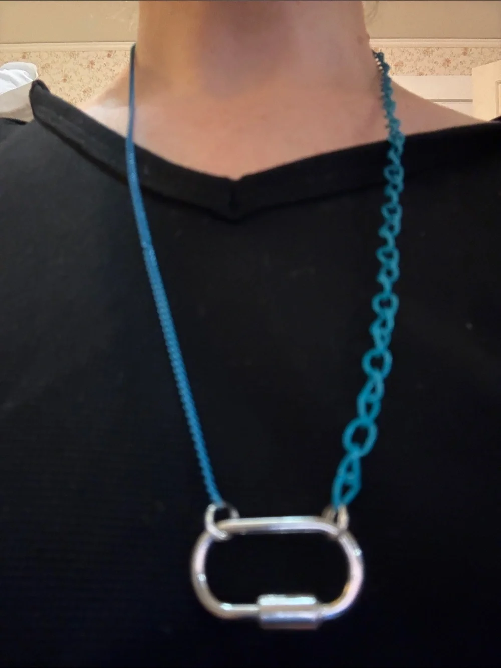 Hand-Crafted Blue Chain Pendant Necklace with Silver Carabiner